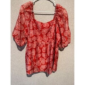 Cato Women's Red Floral Print Square Neck Puff‎ Sleeve Blouse Top Size L